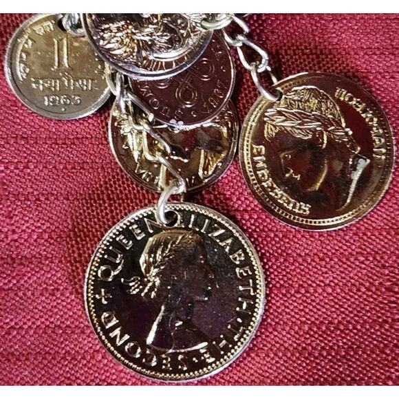 Vintage 1960s Charm Faux COIN Necklace, Inc India, New Zealand - Picture 4 of 11